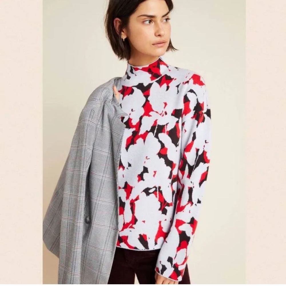 Anthropologie Red, Black & White Abstract Print Mock-Neck Sweater